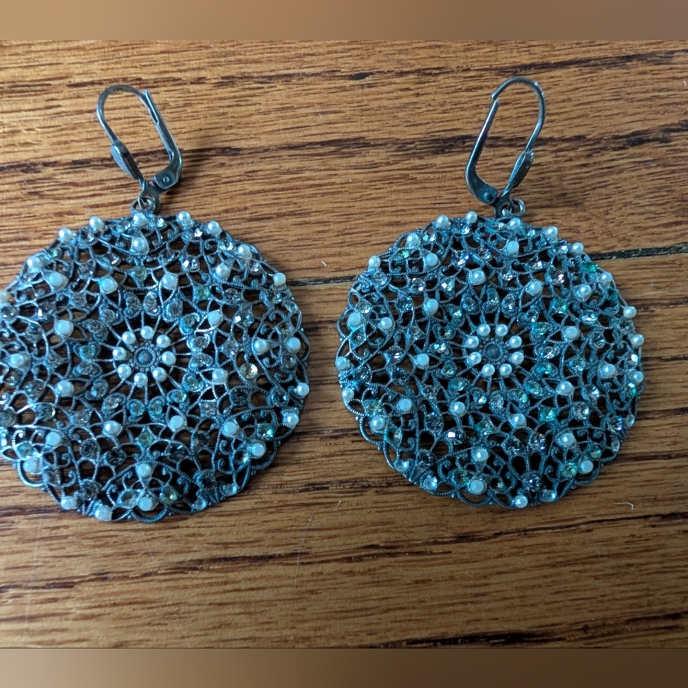 Rhinestone & Pearl Silver Lace Dangle Earrings